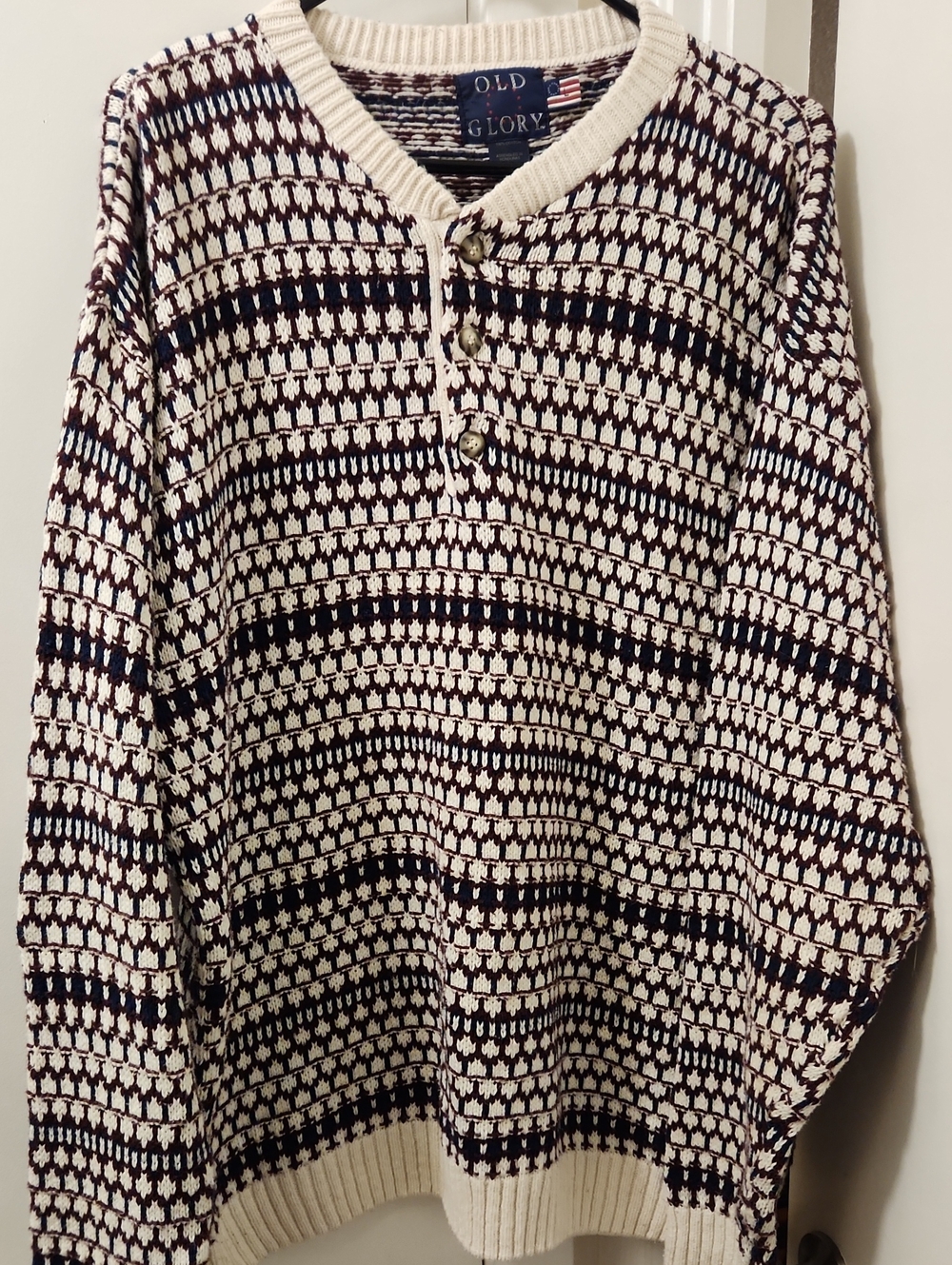 Old Glory 100% Cotton Men's Cream, Navy & Burgundy Crewneck Sweater